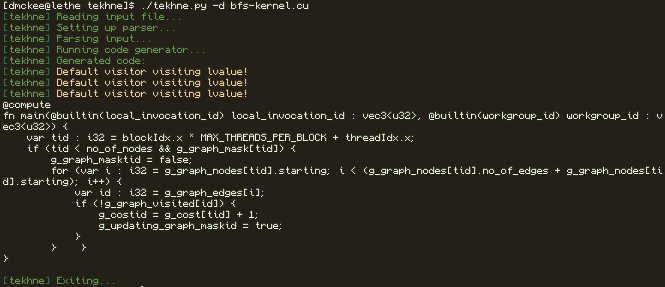 Screenshot of Tekhne transpiling a simple BFS kernel from Rodinia